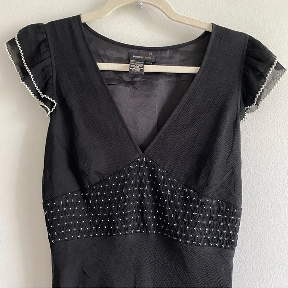 100% Silk  BCBGMAXAZRIA Black V-Neck Flowy Midi Dress Size 2 - Picture 3 of 13